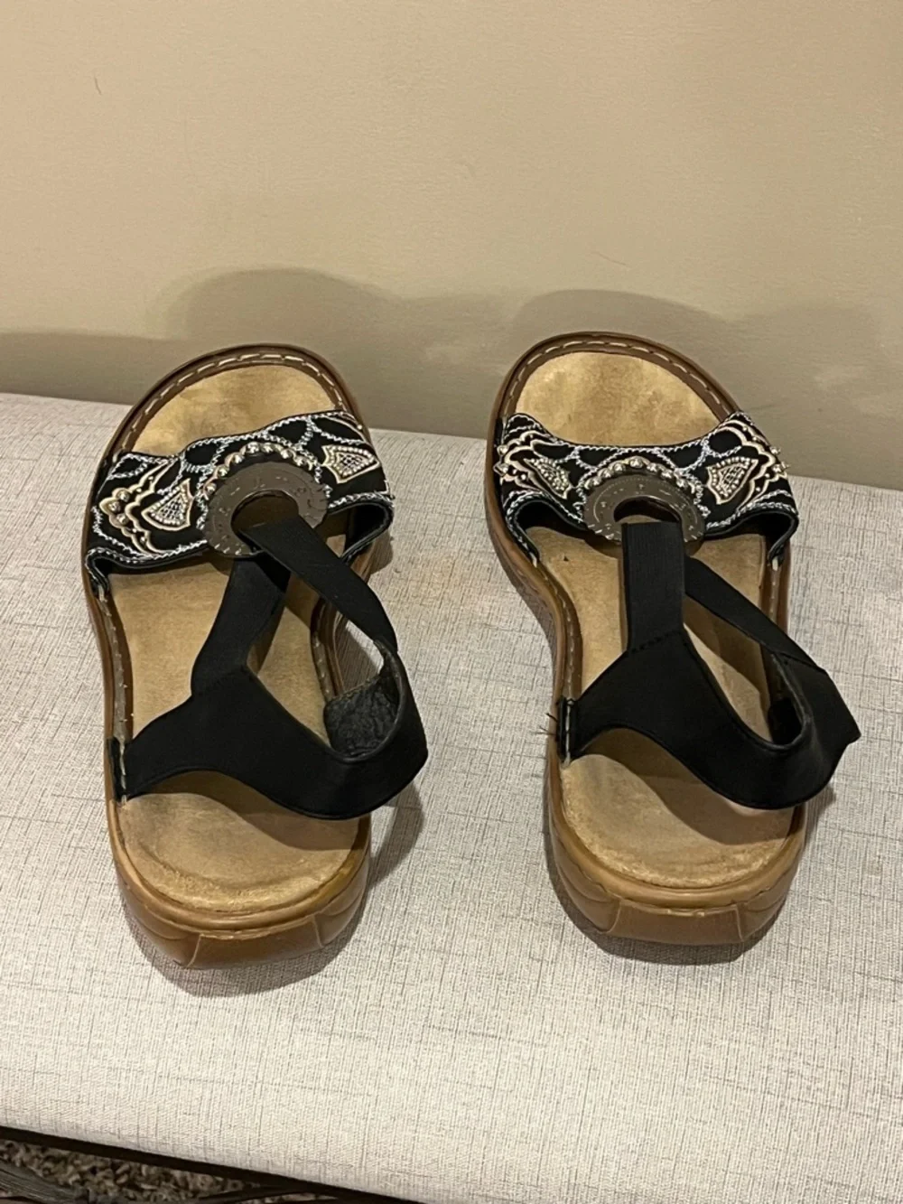 Rieker Regina B9 Black Embroidered Boho Slingback Sandals Silver Medallion, 42
